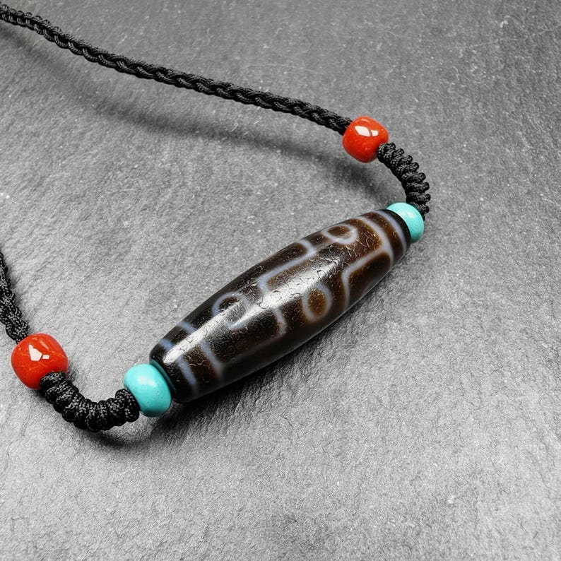 Tibetan 9 Eyes Dzi Bead Necklace,1.5" x 0.4"
