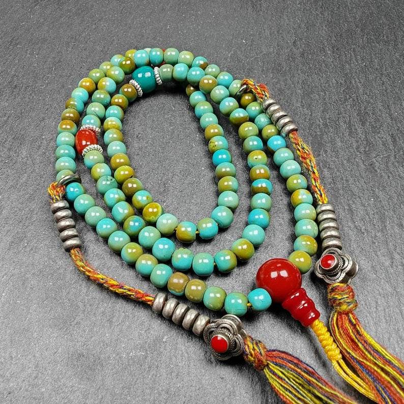 108 Turquoise Beads Necklace Mala,Tibetan Prayer Beads - Gandhanra-ART