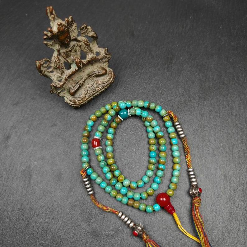 108 Turquoise Beads Necklace Mala,Tibetan Prayer Beads - Gandhanra-ART