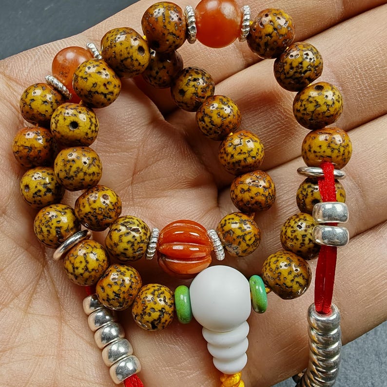 Gandhanra Authentic Tibetan Handhold Wrist Mala - 7.7mm Old Lotus Seed Beads Bracelet - Portable Buddhist Prayer Beads for Meditation