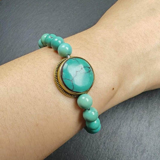 7mm TURQUOISE Gemstones TIBETAN BRACELET - Tibetan Buddhist art, detailed view