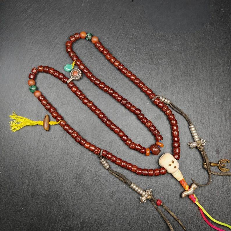 Old 8mm 108 Prayer Beads,with Unique Mix of Treasures - Gandhanra-ART