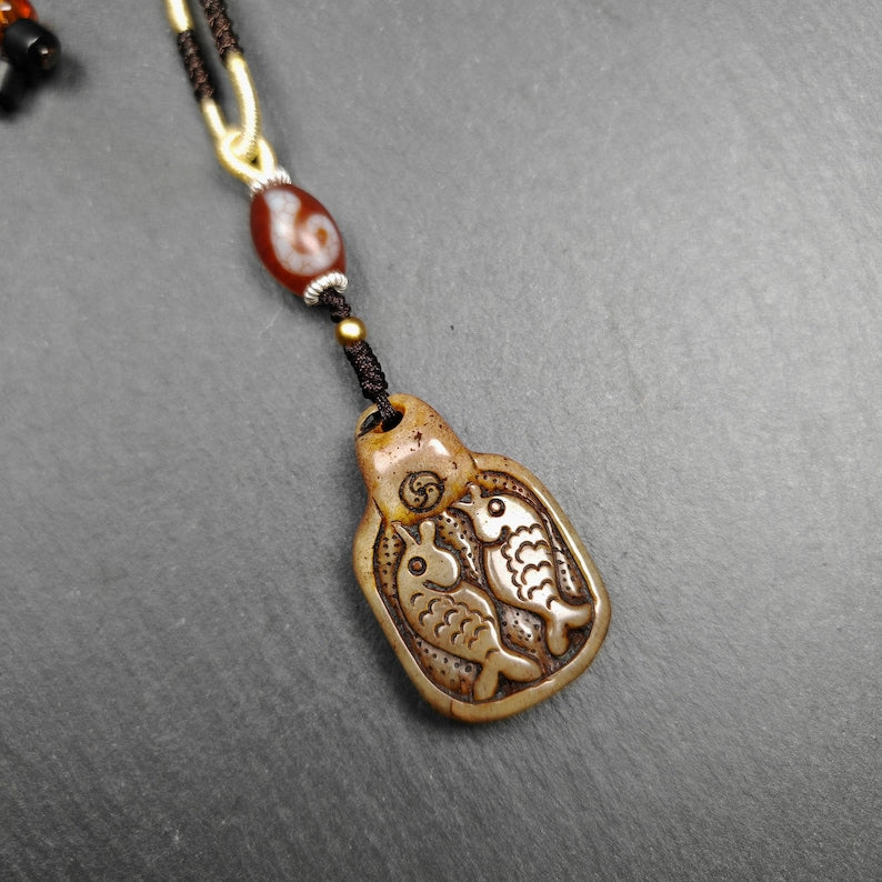 Tibetan Kapala Amulet | Double Fish Pendant