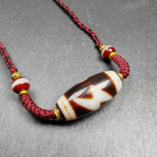 Dzi Necklace - Fire Agate Thunder 5 Eyes Dzi + Medicine Dzi - 30 x 14mm