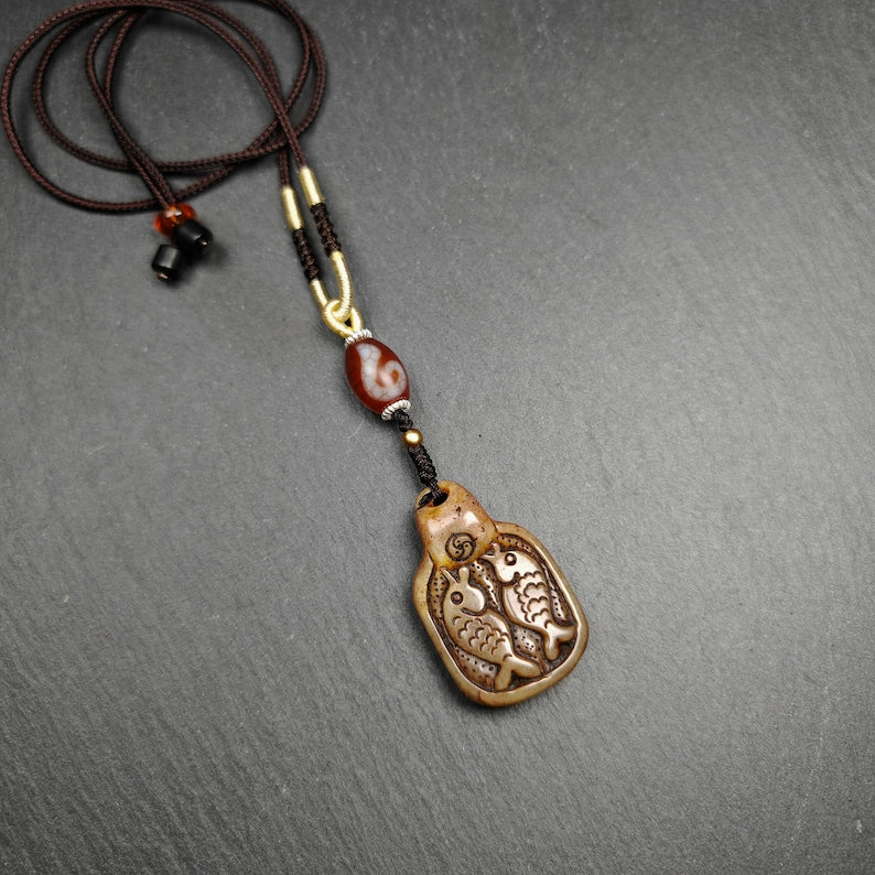 Tibetan Kapala Amulet | Double Fish Pendant
