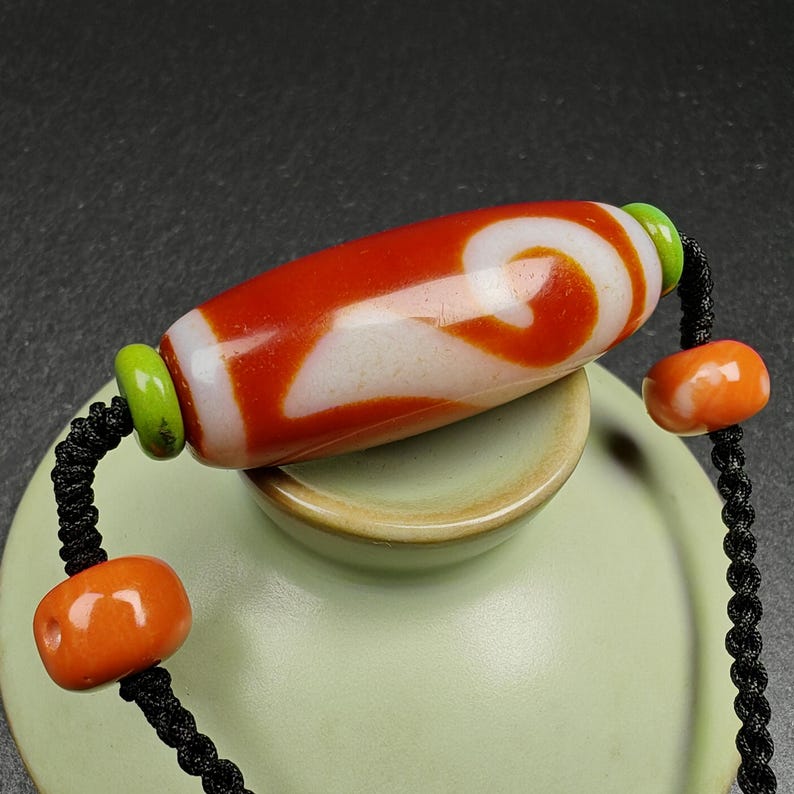 Dzi Necklace | Fire Agate Ruyi Dzi Amulet | 38 x 15mm