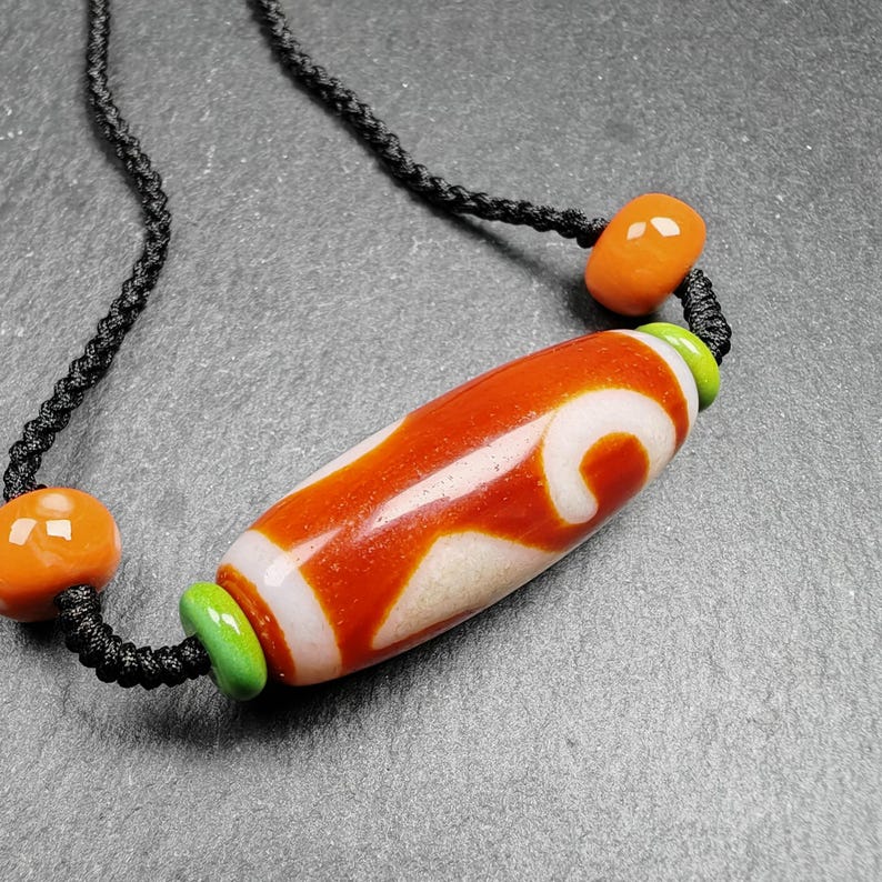 Dzi Necklace | Fire Agate Ruyi Dzi Amulet | 38 x 15mm