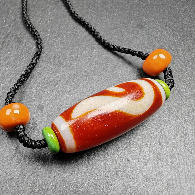 Dzi Necklace | Fire Agate Ruyi Dzi Amulet | 38 x 15mm