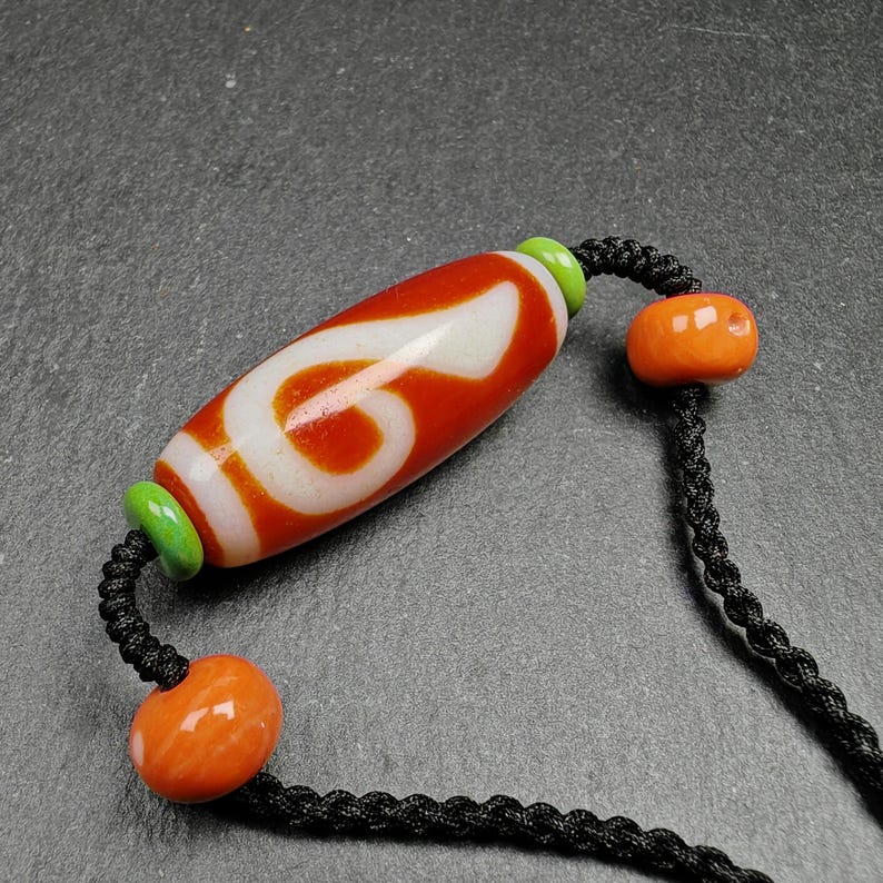 Dzi Necklace | Fire Agate Ruyi Dzi Amulet | 38 x 15mm