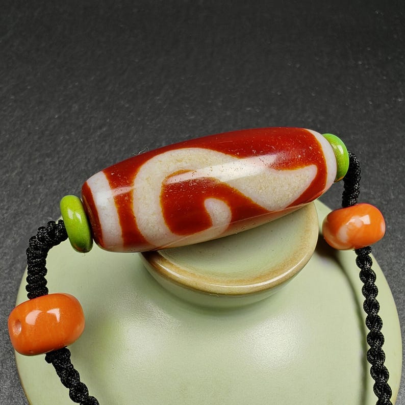 Dzi Necklace | Fire Agate Ruyi Dzi Amulet | 38 x 15mm