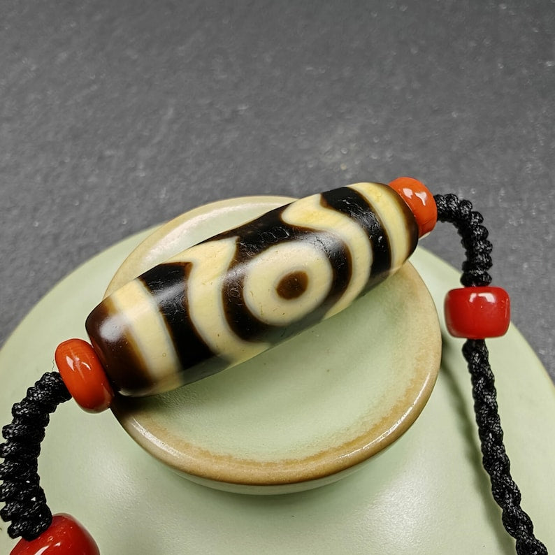 Tibetan Mandala 3 Eyes Dzi Bead Necklace Amulet |30*11mm