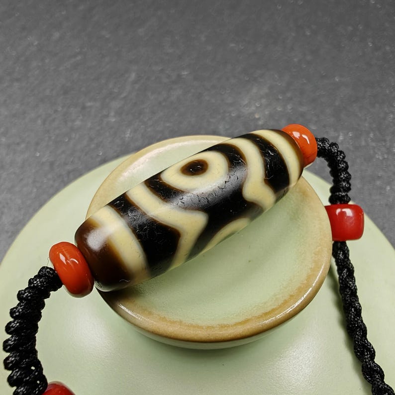 Tibetan Mandala 3 Eyes Dzi Bead Necklace Amulet |30*11mm