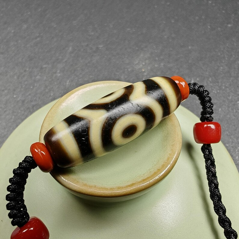 Tibetan Mandala 3 Eyes Dzi Bead Necklace Amulet |30*11mm
