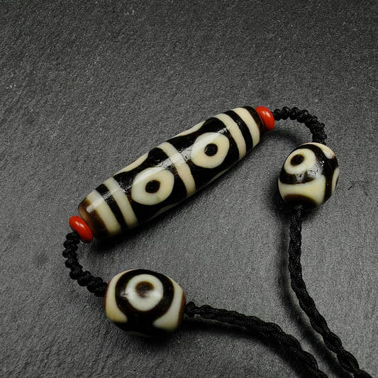 8 Eyes Dzi + Mandala 3 eyes Dzi Beads Amulet - Tibetan dzi bead, detailed view