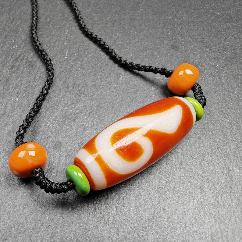 Dzi Necklace | Fire Agate Ruyi Dzi Amulet | 38 x 15mm
