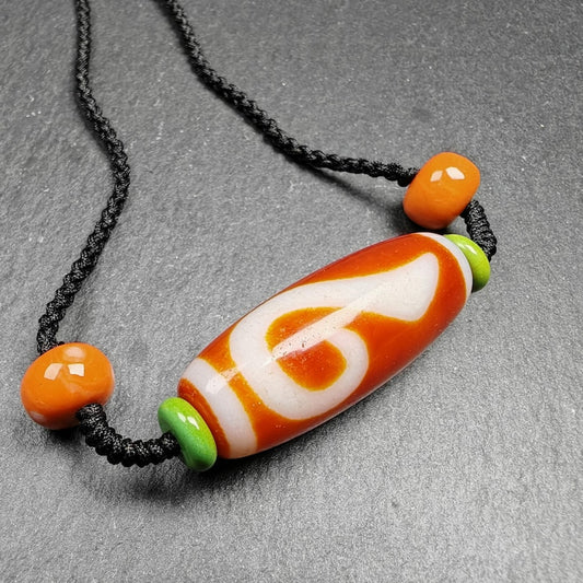 Dzi Necklace | Fire Agate Ruyi Dzi Amulet | 38 x 15mm