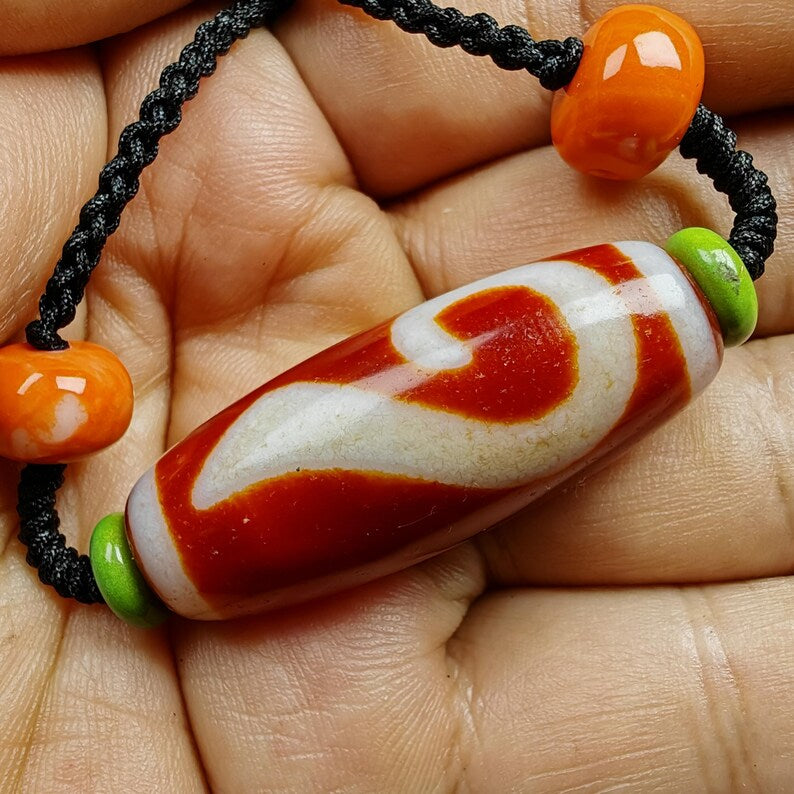 Dzi Necklace | Fire Agate Ruyi Dzi Amulet | 38 x 15mm