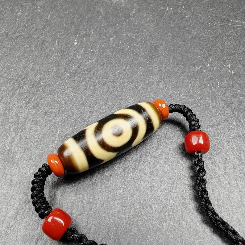 Tibetan Mandala 3 Eyes Dzi Bead Necklace Amulet |30*11mm
