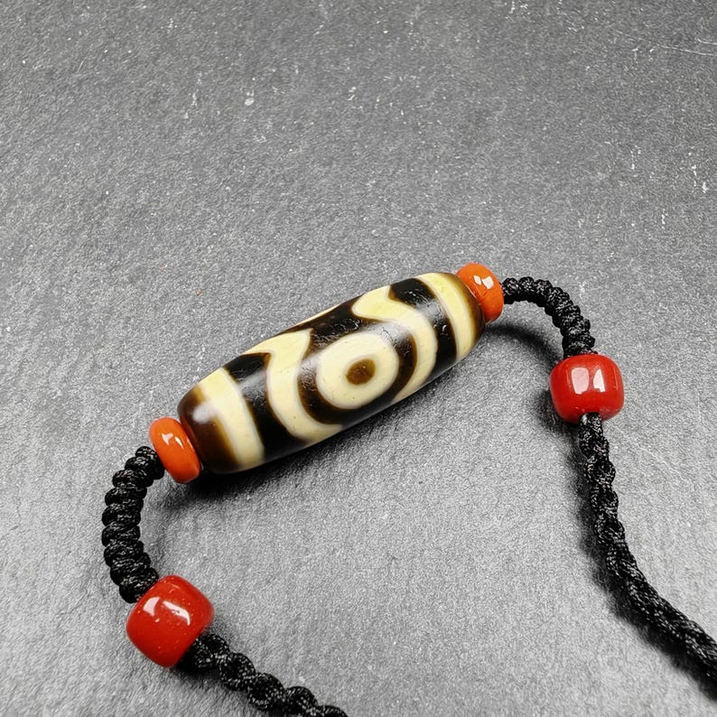 Tibetan Mandala 3 Eyes Dzi Bead Necklace Amulet |30*11mm