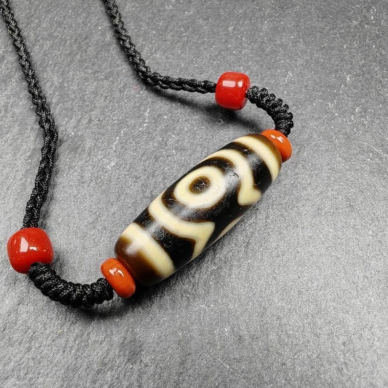 Tibetan Mandala 3 Eyes Dzi Bead Necklace Amulet |30*11mm