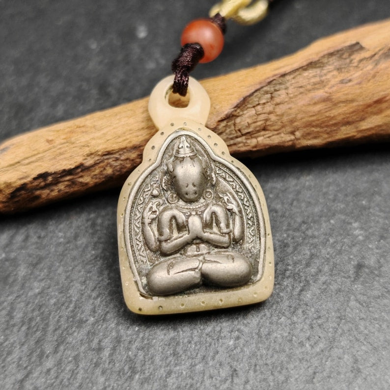 Buddhist Amulet | Copper Chenrezig Badge in Yak Bone Frame