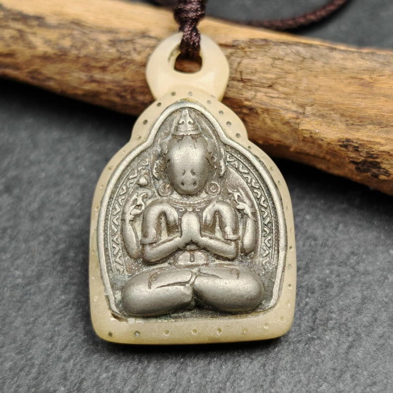 Buddhist Amulet | Copper Chenrezig Badge in Yak Bone Frame