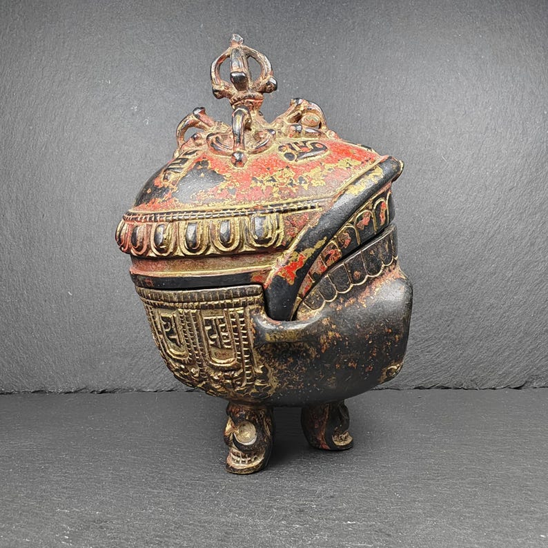 Copper Kapala Skull Cup Set - Tibetan Buddhist Offering Bowl - Ritual Implement - 16cm height