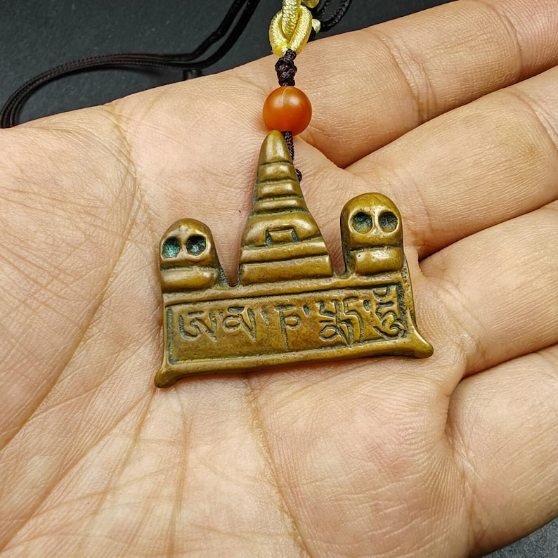 Tibetan Buddhist Amulet | Copper Stupa Skull Pendant