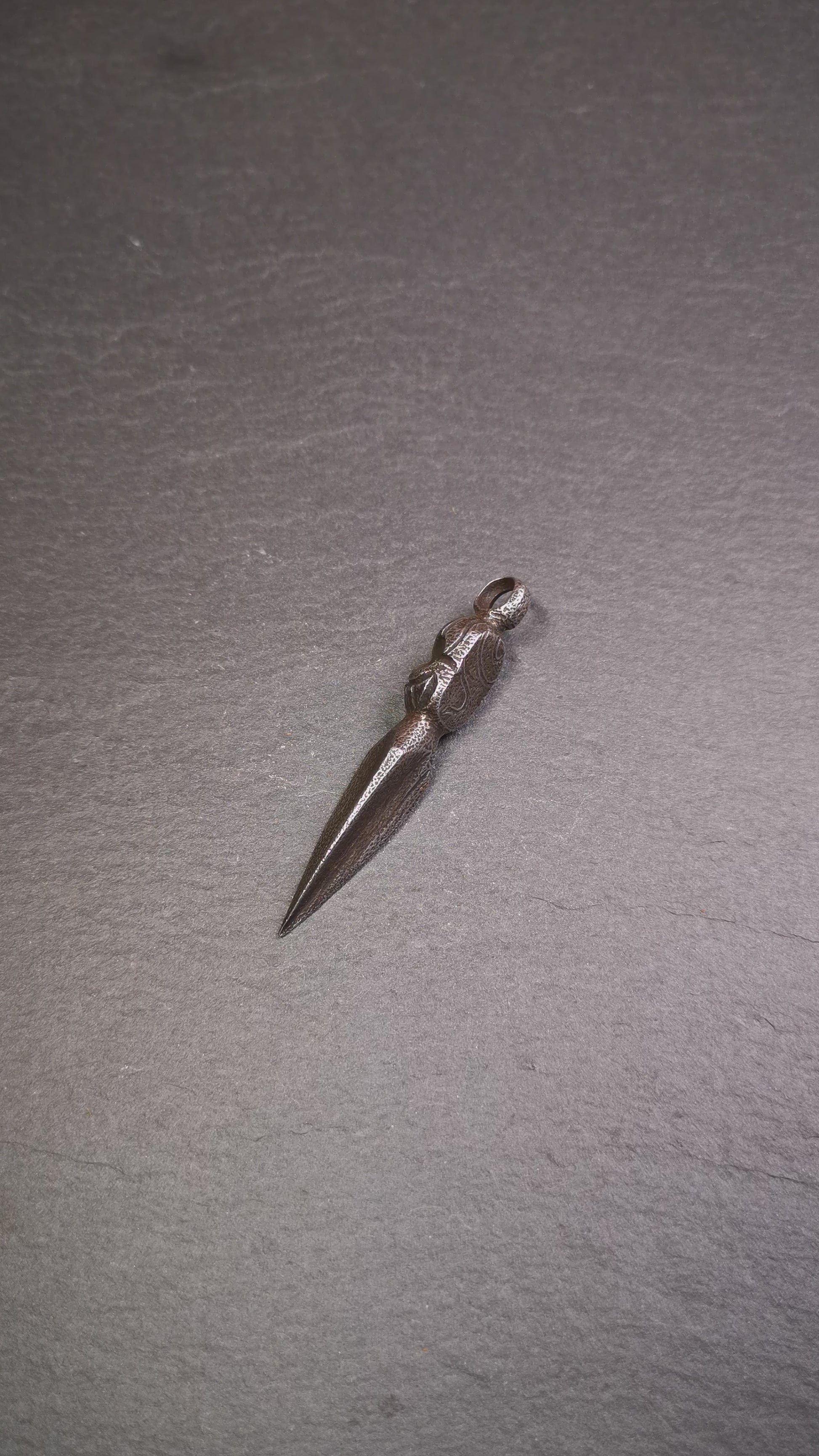 This phurba was made by Tibetan craftsmen and come from Hepo Town, Baiyu County, the birthplace of the famous Tibetan handicrafts. Its upper part is Shmashana Adhipati skull, the lower part is a Dorje Phurba
