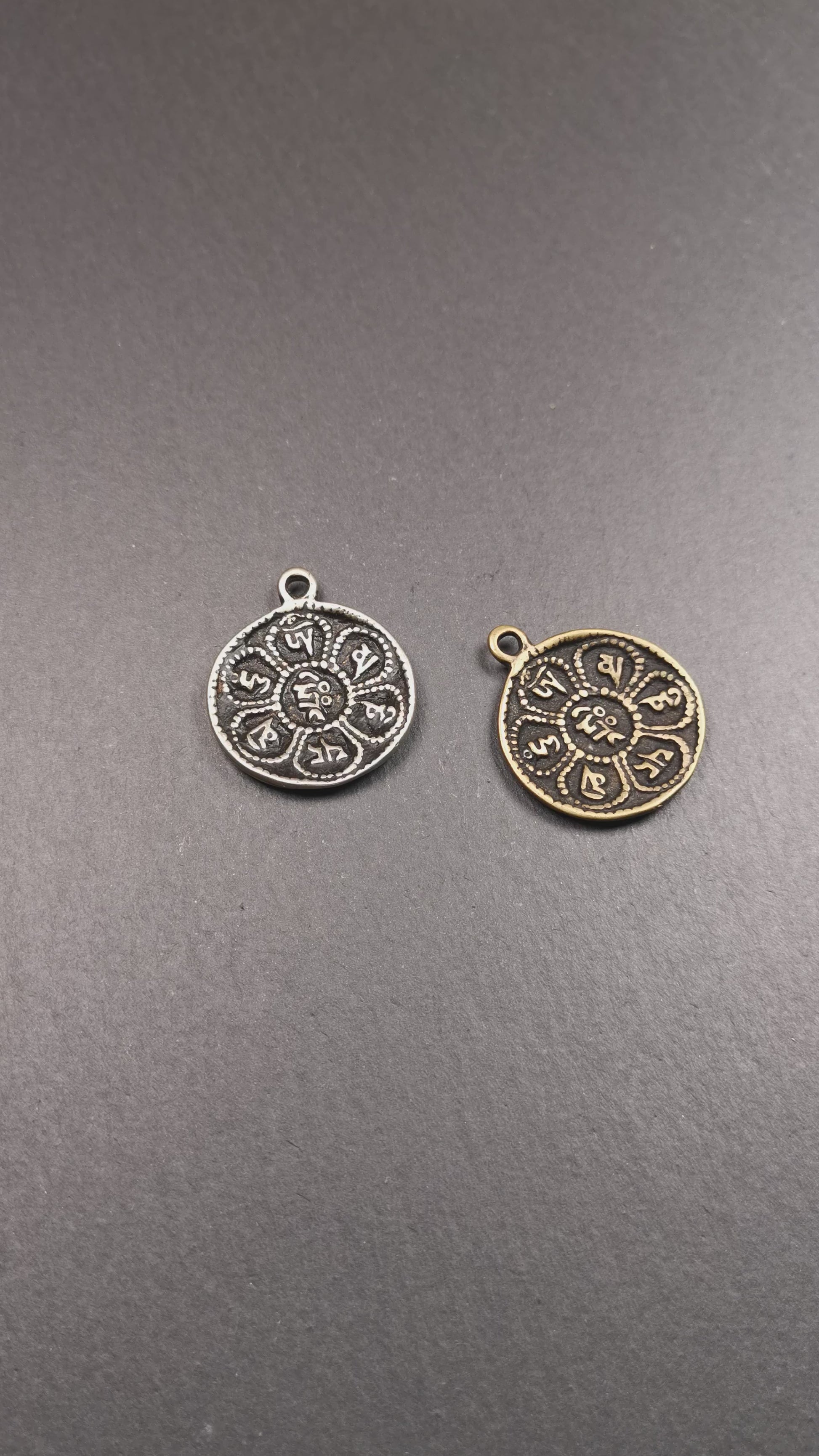 This om badge was made by Tibetan craftsmen and come from Hepo Town, Baiyu County, the birthplace of the famous Tibetan handicrafts. It is round, made of brass or white copper, 1.26 inches,carved with mantra of chenrezig OM MANI PADME HUM.