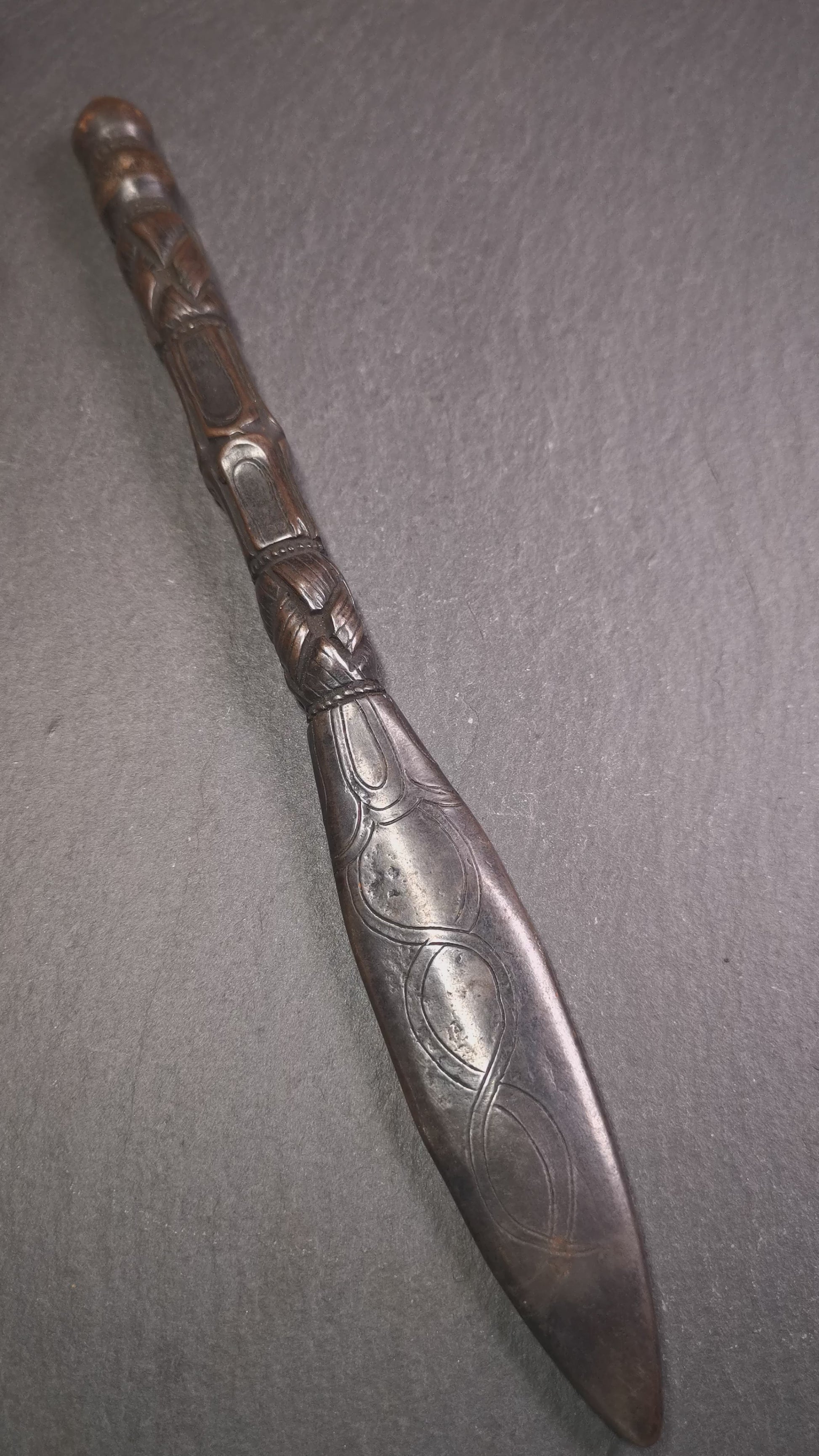 Gandhanra Tibetan Buddhist Ritual Implement - Kila -Dorje Phurba,Made of Cold Iron and Copper.It is 9" length,black type,carved double helix pattern,handmade by Tibetan craftsmen from Tibet in 1990's.