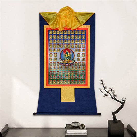 100 Green Tara - Tibetan thangka painting, detailed view