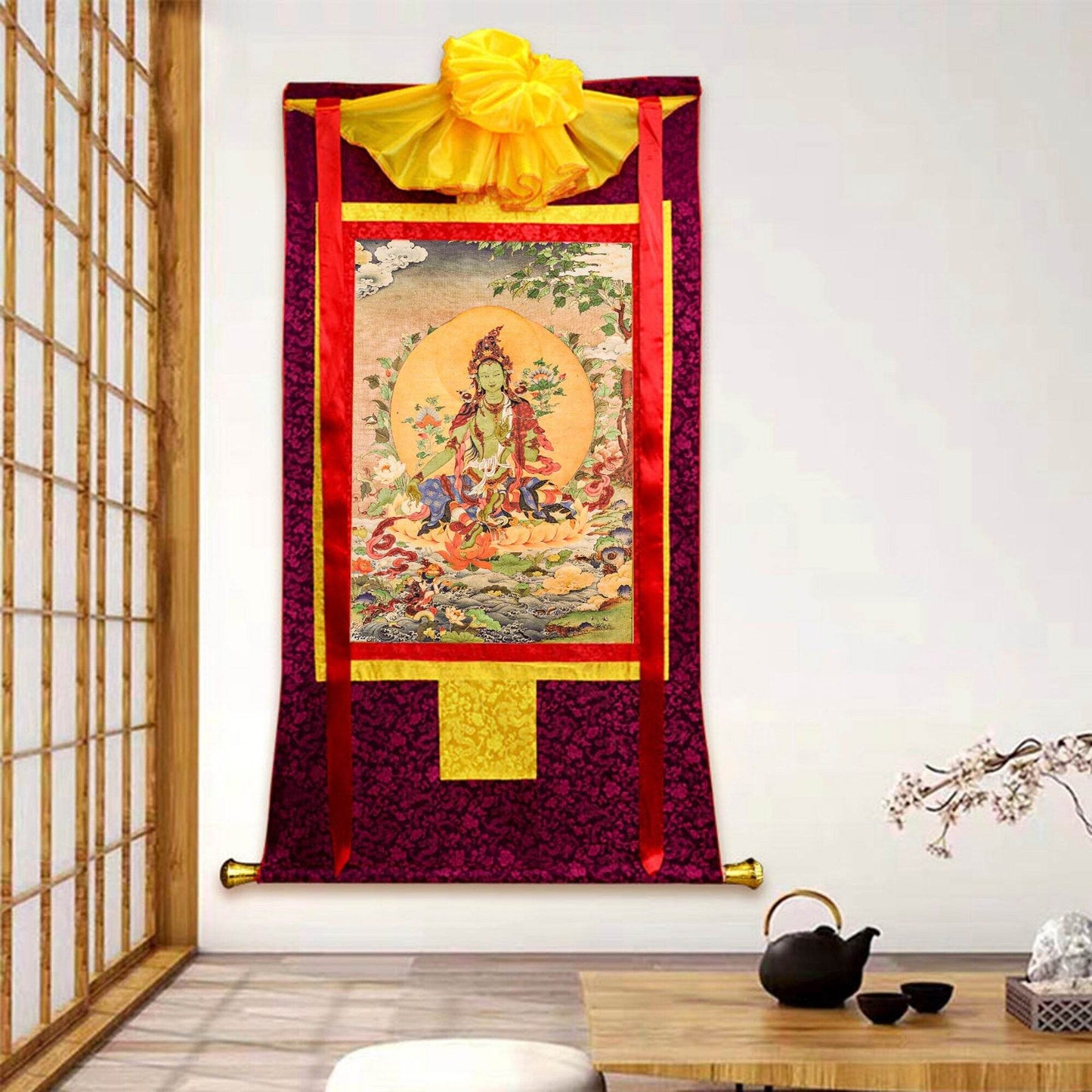 Green Tara Woodblock Thangka Art - Gandhanra-ART