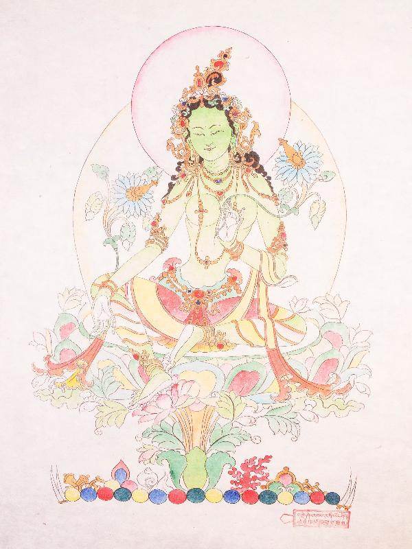 Green Tara Woodblock Thangka Art - Gandhanra-ART