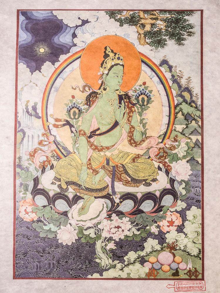 Green Tara Woodblock Thangka Art - Gandhanra-ART