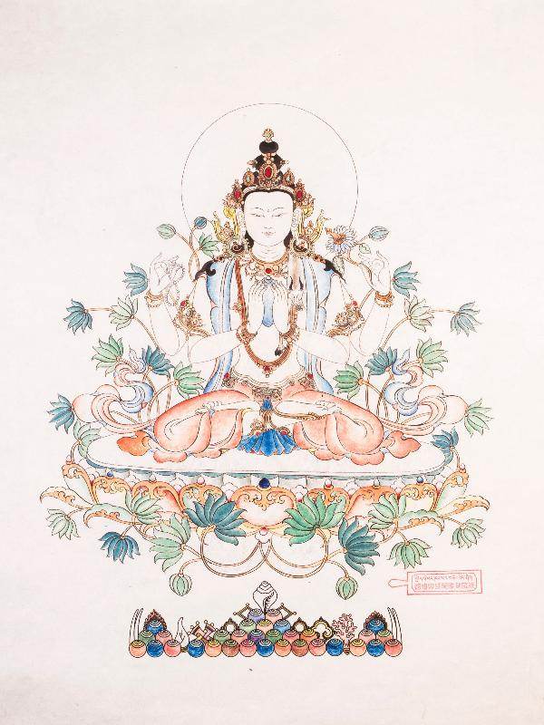 Chenrezig Woodblock Thangka Art - Gandhanra-ART