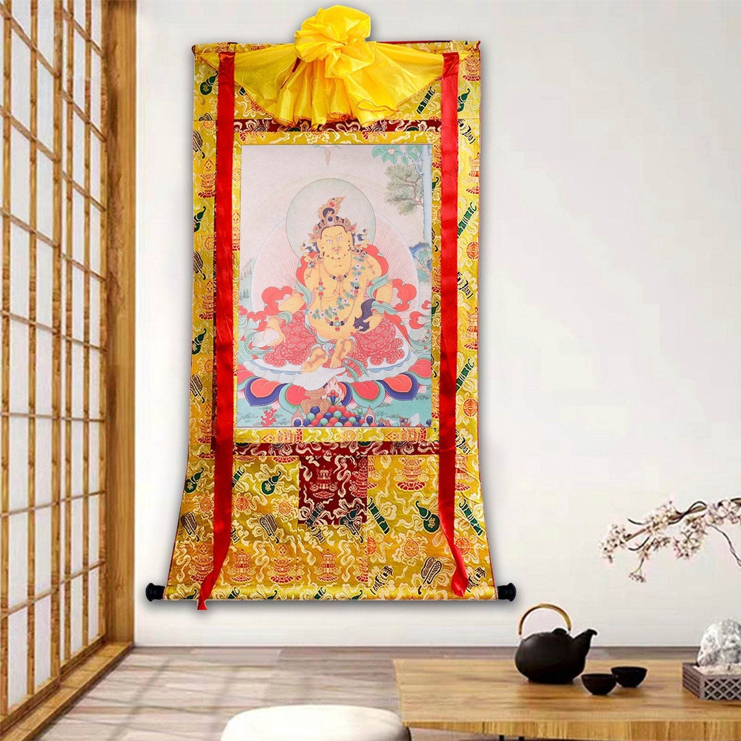 Yellow Jambhala ,Woodblock Thangka Art - Gandhanra-ART