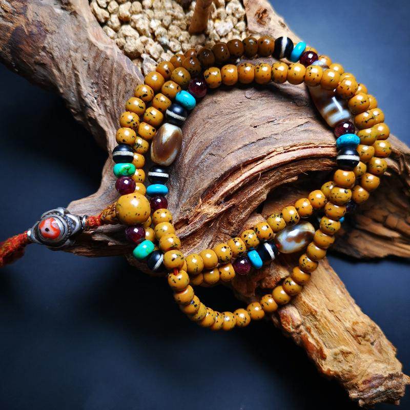 SOLD - Handmade Old Mala,Prayer Beads Necklace,Assorted Bodhi,Dzi,Turquoise,Agate, for Meditation and Prayer,80 Years Old - Gandhanra-ART