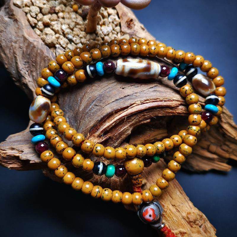 SOLD - Handmade Old Mala,Prayer Beads Necklace,Assorted Bodhi,Dzi,Turquoise,Agate, for Meditation and Prayer,80 Years Old - Gandhanra-ART