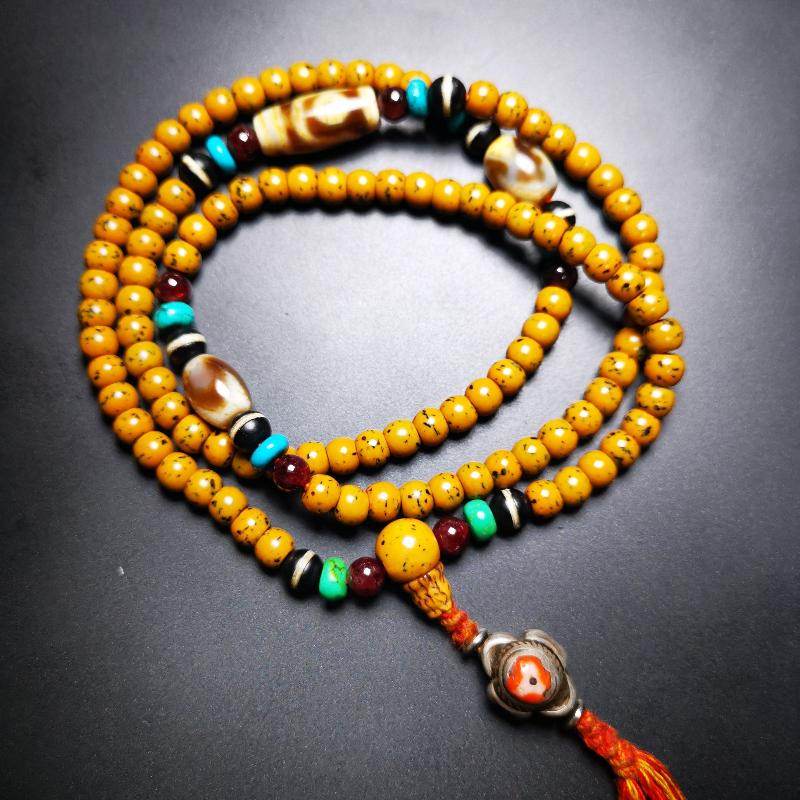 SOLD - Handmade Old Mala,Prayer Beads Necklace,Assorted Bodhi,Dzi,Turquoise,Agate, for Meditation and Prayer,80 Years Old - Gandhanra-ART