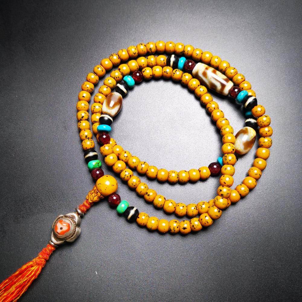 SOLD - Handmade Old Mala,Prayer Beads Necklace,Assorted Bodhi,Dzi,Turquoise,Agate, for Meditation and Prayer,80 Years Old - Gandhanra-ART