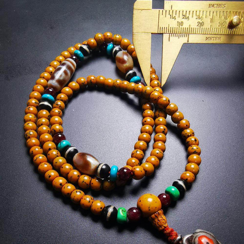 SOLD - Handmade Old Mala,Prayer Beads Necklace,Assorted Bodhi,Dzi,Turquoise,Agate, for Meditation and Prayer,80 Years Old - Gandhanra-ART
