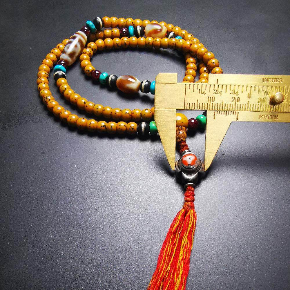 SOLD - Handmade Old Mala,Prayer Beads Necklace,Assorted Bodhi,Dzi,Turquoise,Agate, for Meditation and Prayer,80 Years Old - Gandhanra-ART