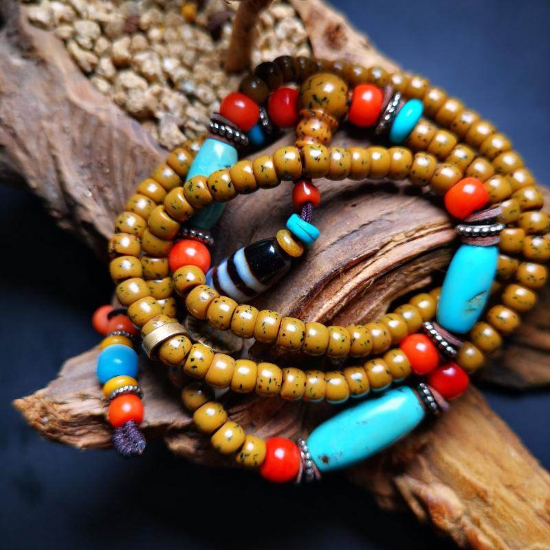 SOLD - Old Assorted Mala with Dzi,Turquoise,Agate,80 Years Old - Gandhanra-ART