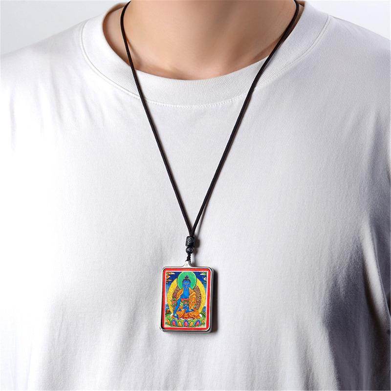 Gandhanra Handpainted Locket Thangka Amulet,Bhaisajyaguru,Medicine Buddha,Packed in Gau Shrine Box - Gandhanra-ART