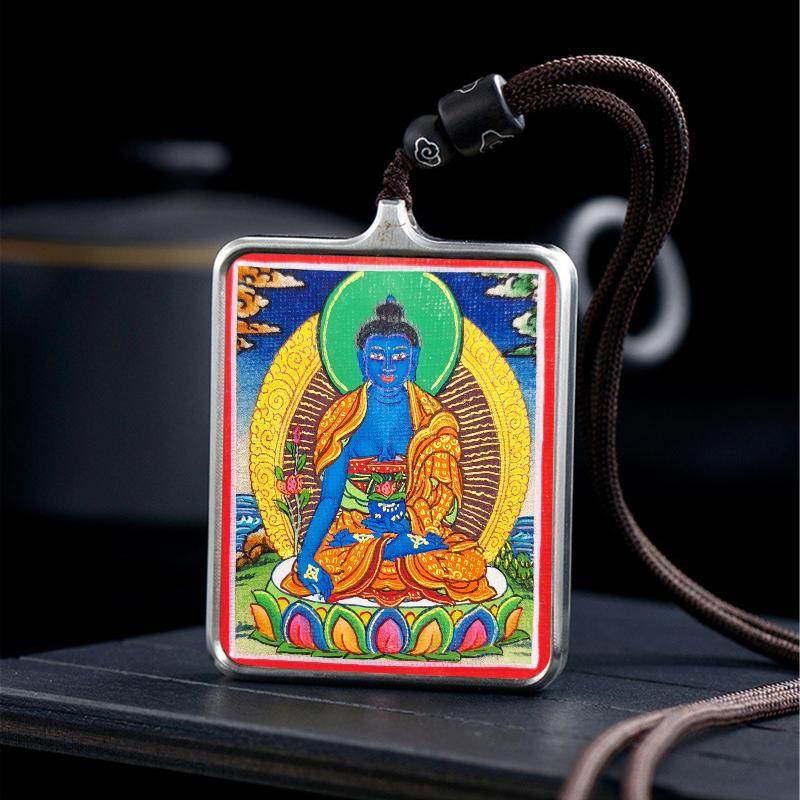 Gandhanra Handpainted Locket Thangka Amulet,Bhaisajyaguru,Medicine Buddha,Packed in Gau Shrine Box - Gandhanra-ART