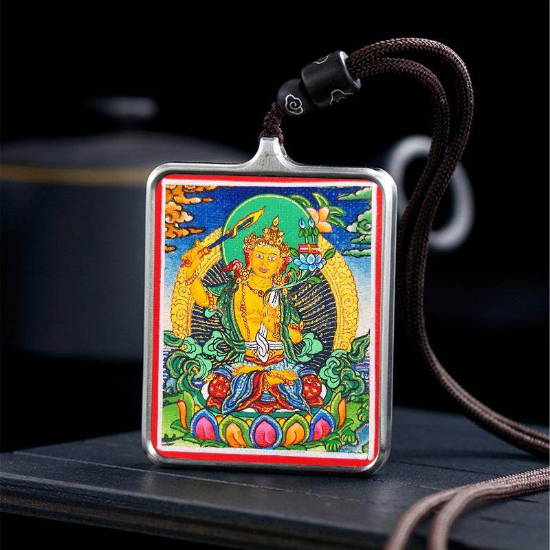 Gandhanra Handpainted Locket Thangka Amulet,Manjusri,Wisdom Buddha,Packed in Gau Shrine Box - Gandhanra-ART