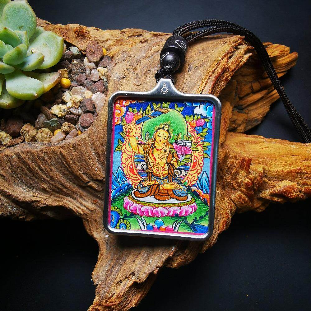 Gandhanra Handpainted Locket Thangka Amulet,Manjusri,Wisdom Buddha,Packed in Gau Shrine Box - Gandhanra-ART