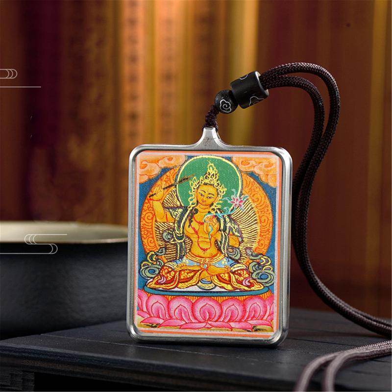 Gandhanra Handpainted Locket Thangka Amulet,Manjusri,Wisdom Buddha,Packed in Gau Shrine Box - Gandhanra-ART
