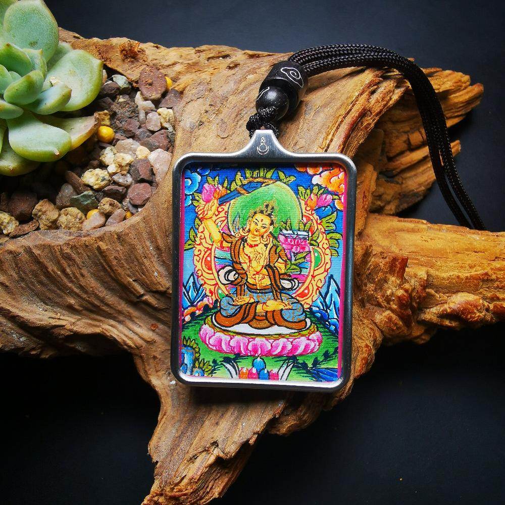 Gandhanra Handpainted Locket Thangka Amulet,Manjusri,Wisdom Buddha,Packed in Gau Shrine Box - Gandhanra-ART
